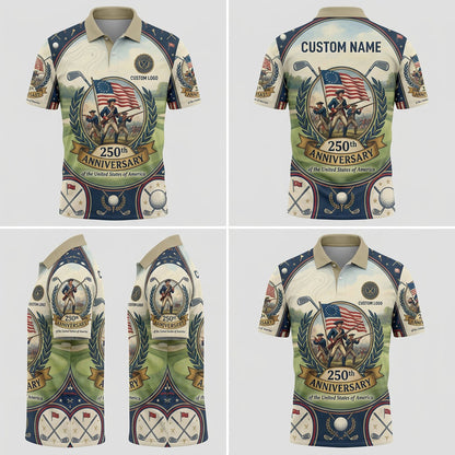 Multi-angle product display of the Revolutionary Soldiers designer golf polo