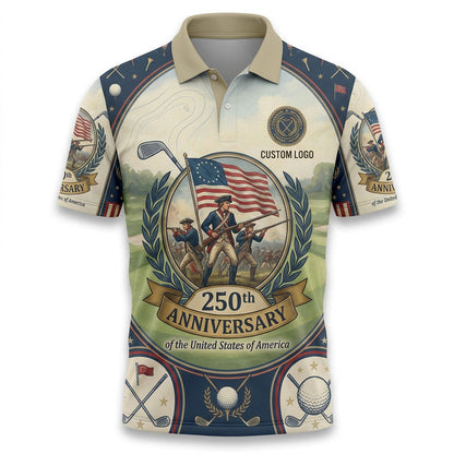 Flatlay layout of the commemorative 1776-2026 Revolutionary Soldiers golf polo