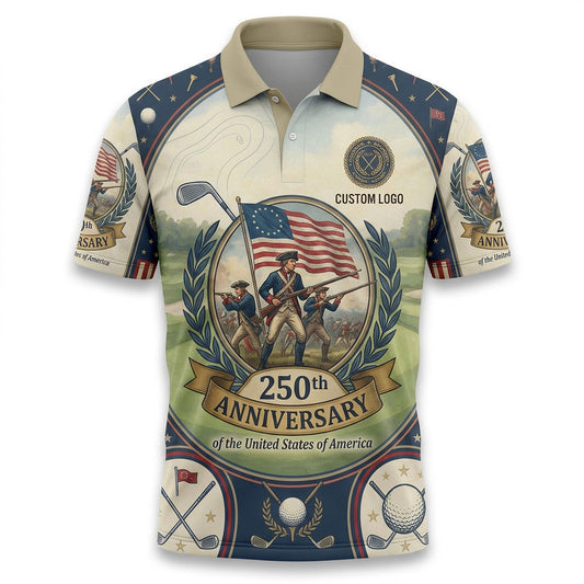 Flatlay layout of the commemorative 1776-2026 Revolutionary Soldiers golf polo