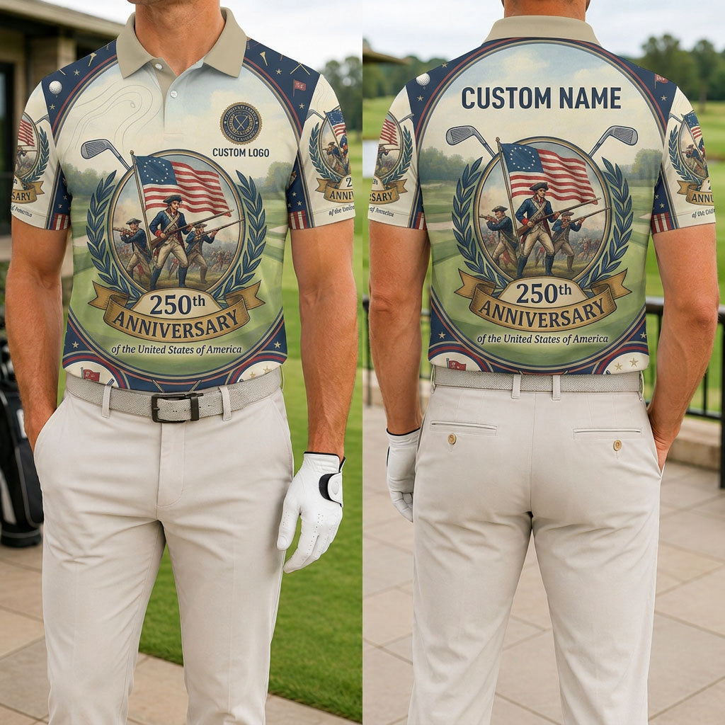 Front and back view of the Revolutionary Soldiers 250th anniversary custom golf polo