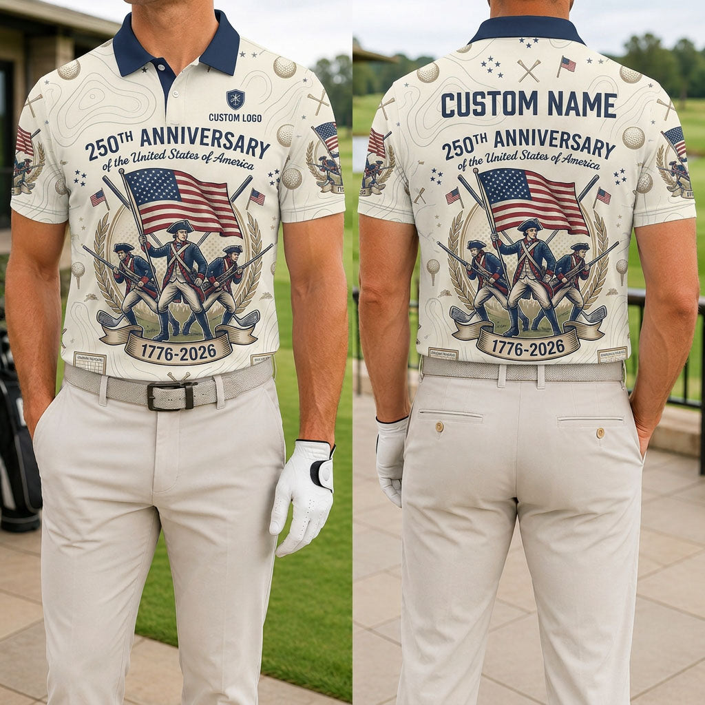Front and back of US 250th Anniversary Revolutionary War golf polo