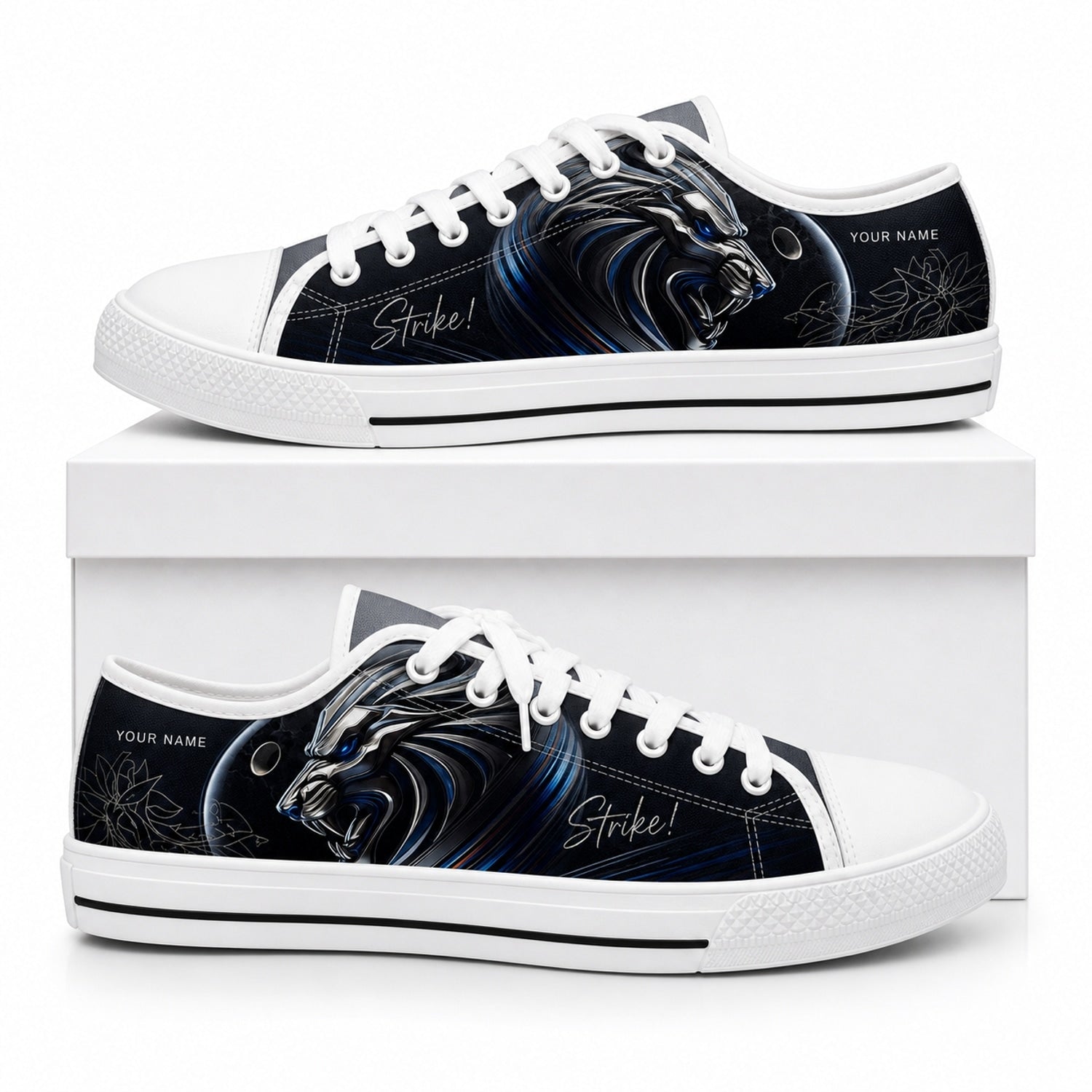 Roaring Lion Strike Graphic Personalized Low Top Shoes Box Black