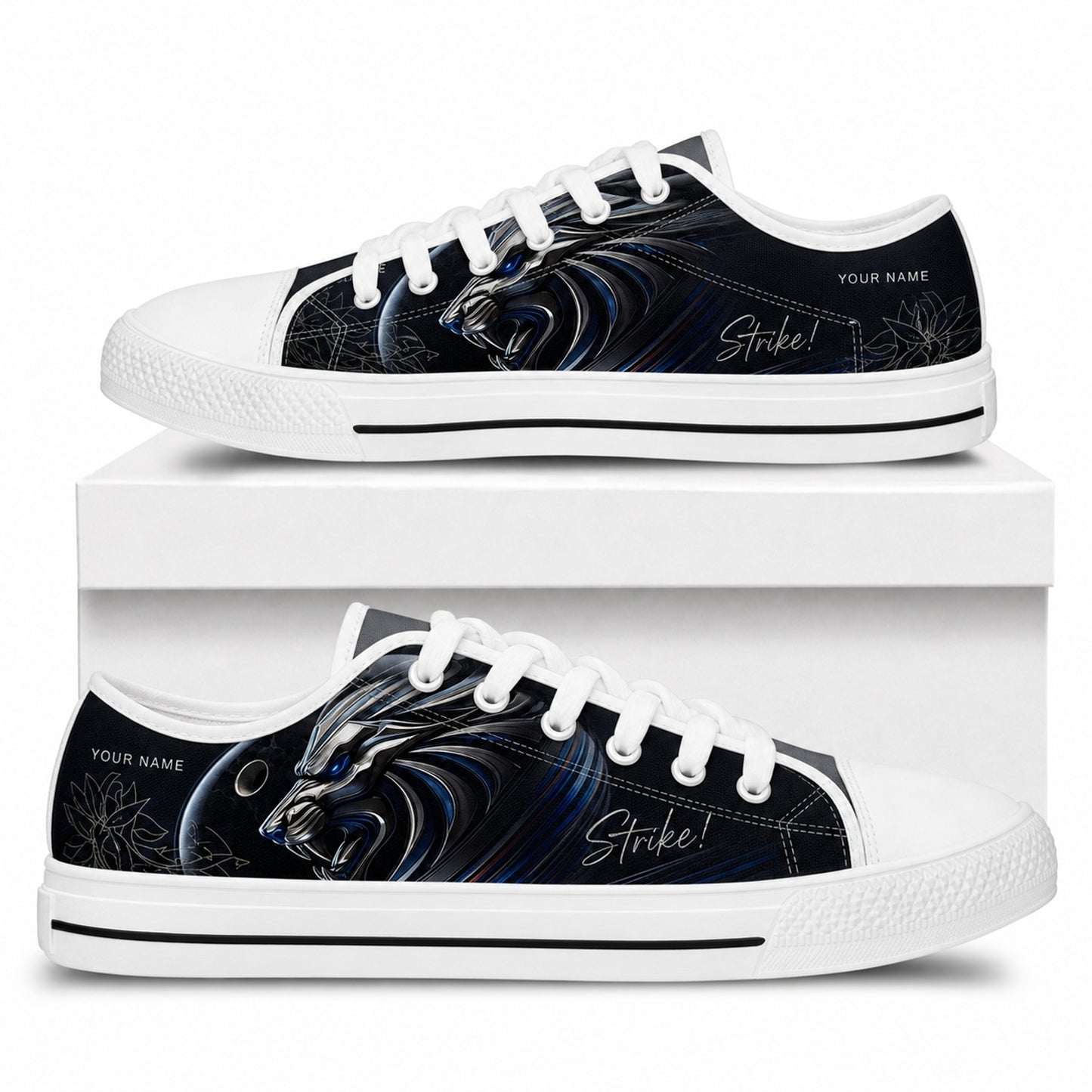 Roaring Lion Strike Graphic Personalized Low Top Shoes Box White