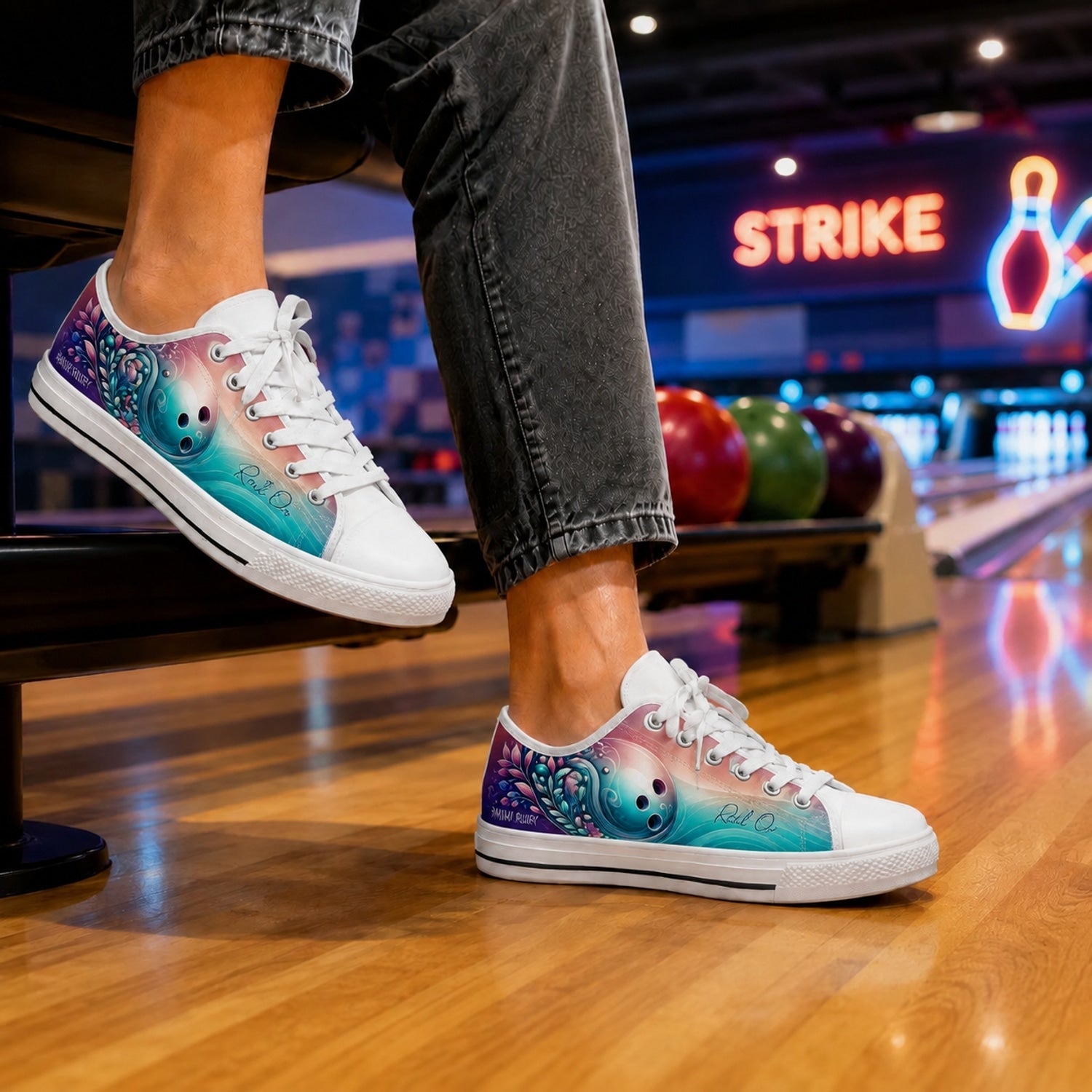 Roll On Bowling Design Graphic Custom Low Top Shoes Bowling Life Style