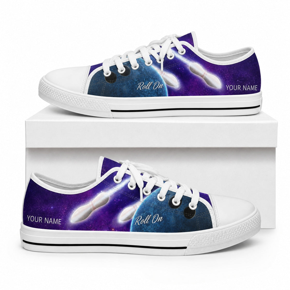 Roll On Bowling Design Personalized Low Top Shoes Box White