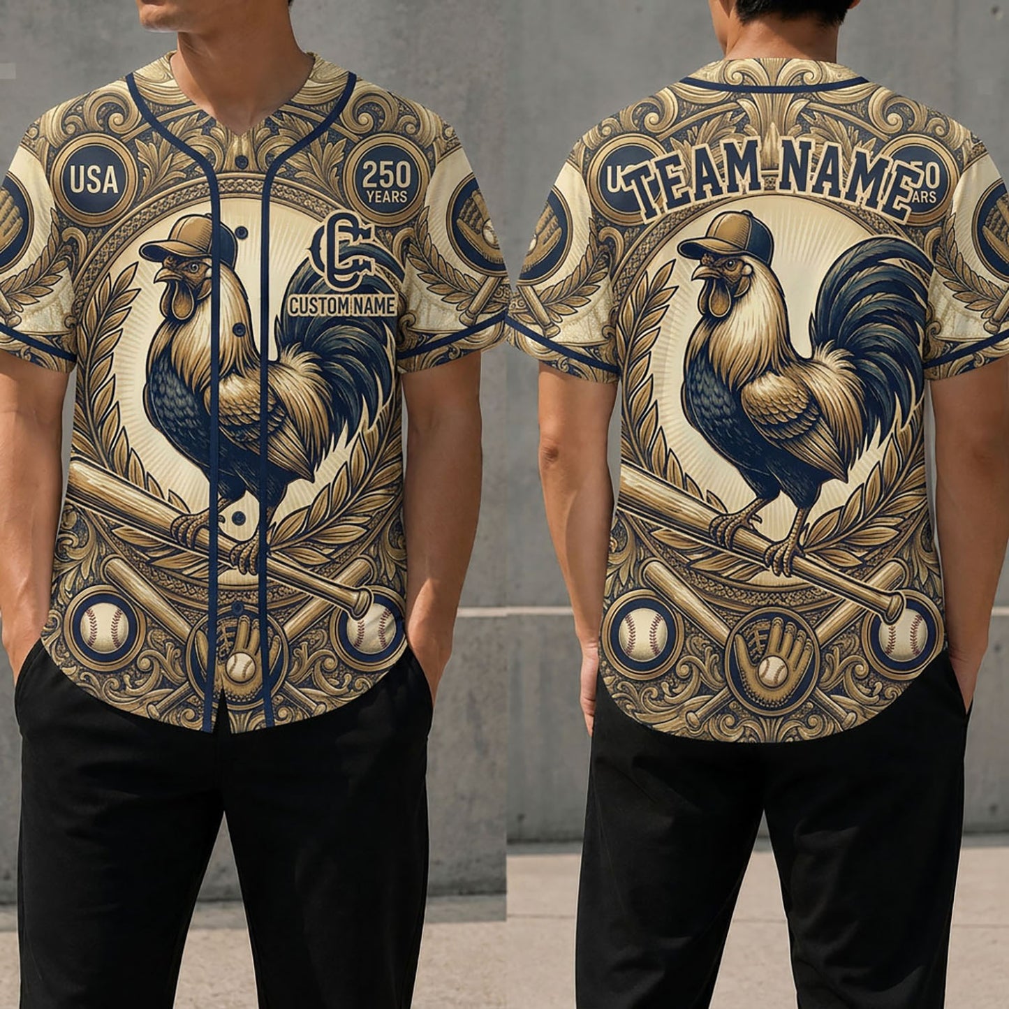 Front And Back View Of The Rooster Baseball Heritage 250th Anniversary Jersey Featuring Intricate Royal Filigree Patterns