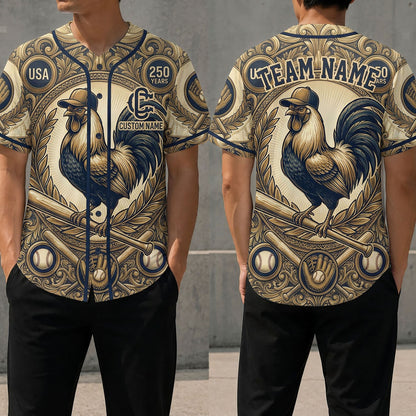 Front And Back View Of The Rooster Baseball Heritage 250th Anniversary Jersey Featuring Intricate Royal Filigree Patterns
