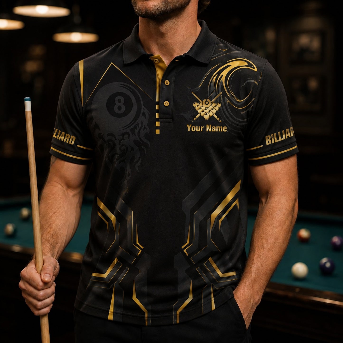Royal 8 Ball Billiards Custom Billiard Polo Shirt Front View