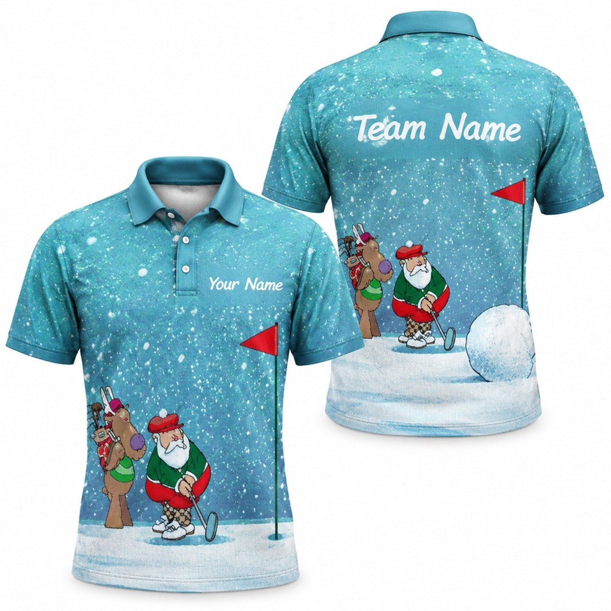 Santa And Reindeer Golf Graphic Personalized Golf Polo Shirt