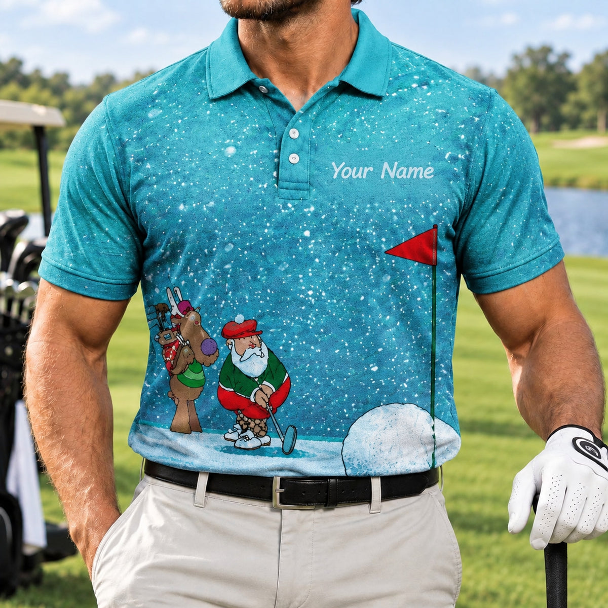 Santa And Reindeer Golf Graphic Personalized Golf Polo Shirt Front View