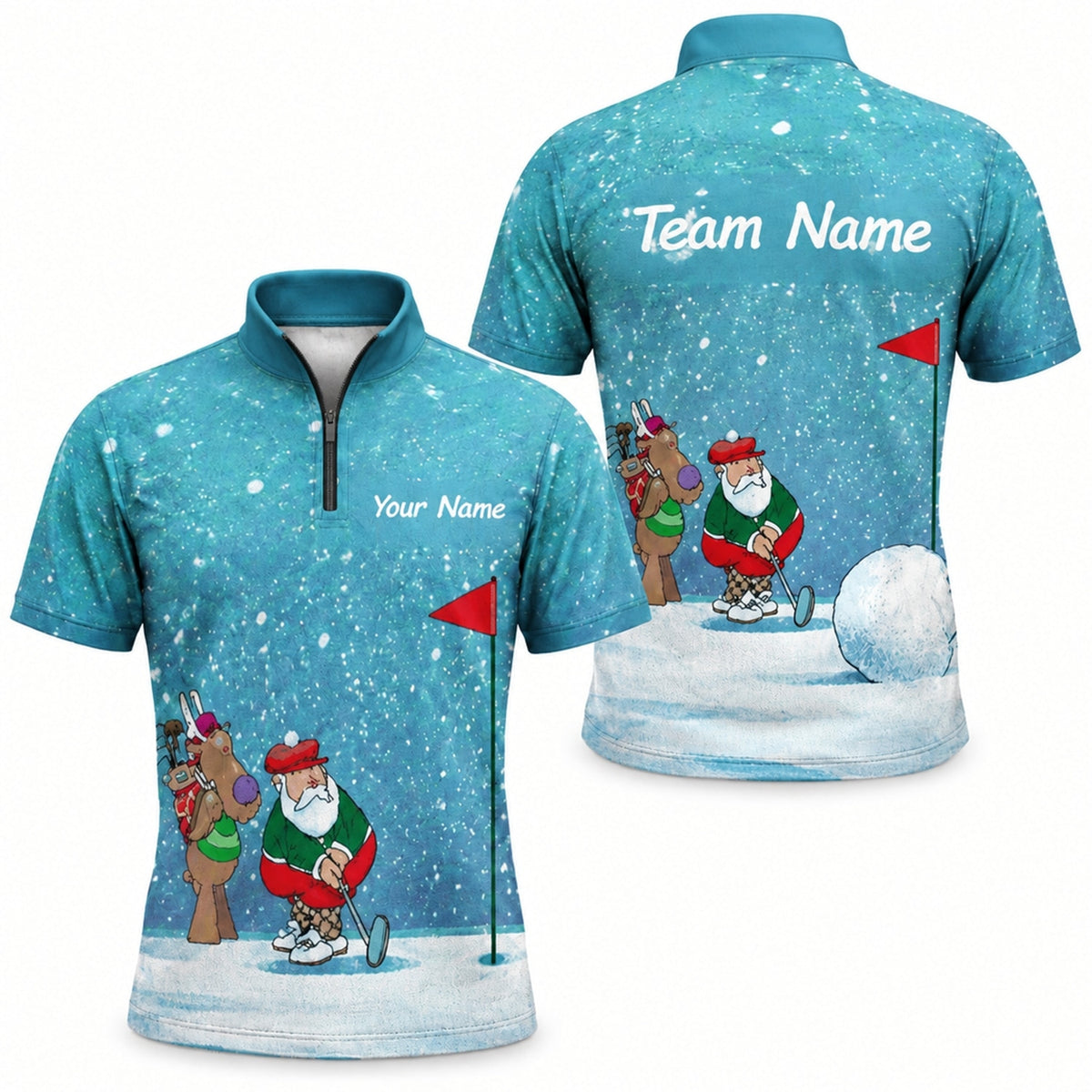 Santa And Reindeer Golf Graphic Personalized Golf Polo Shirt Jersey Zip 1 4 Collar