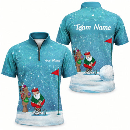 Santa And Reindeer Golf Graphic Personalized Golf Polo Shirt Jersey Zip 1 4 Collar