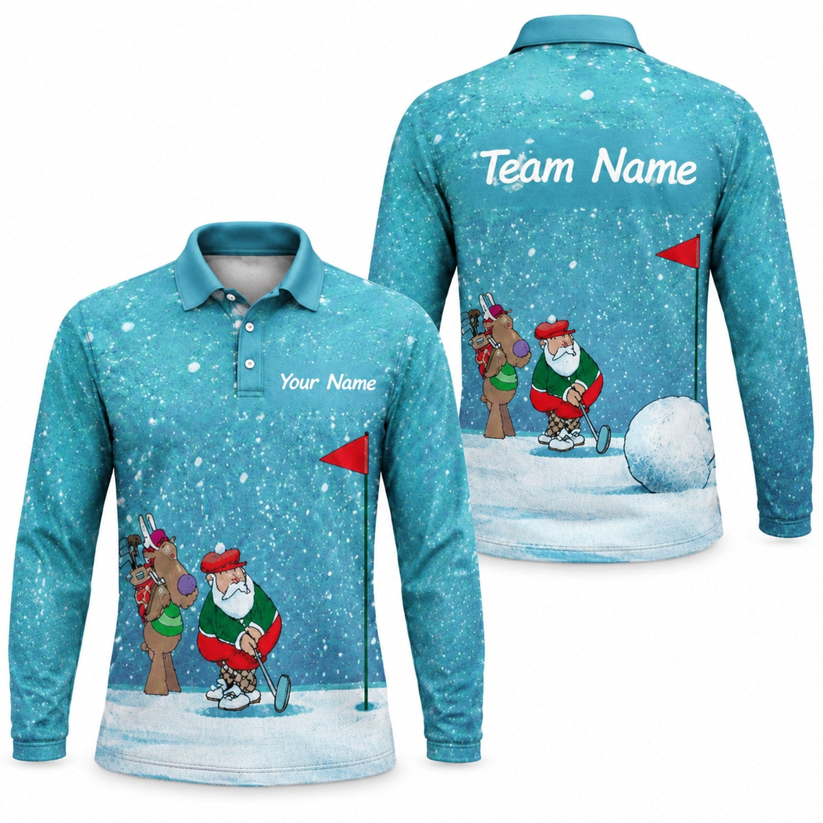 Santa And Reindeer Golf Graphic Personalized Golf Polo Shirt Long Sleeve Polo