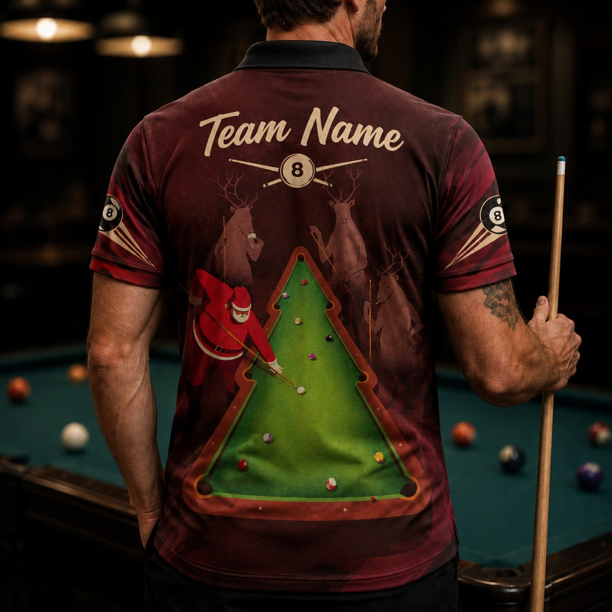 Santa Billiards Christmas Graphic Personalized Billiard Polo Shirt Back View