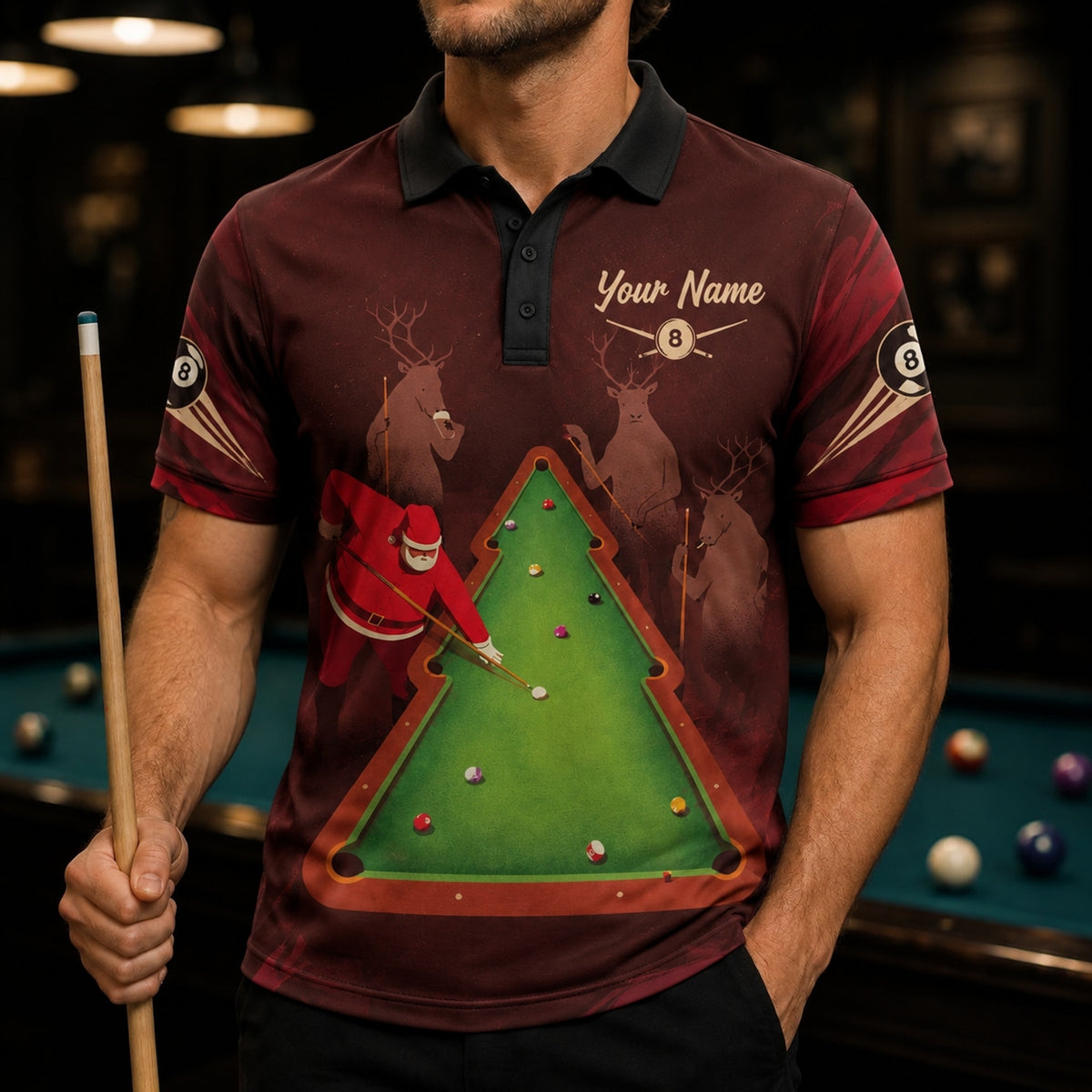 Santa Billiards Christmas Graphic Personalized Billiard Polo Shirt Front View