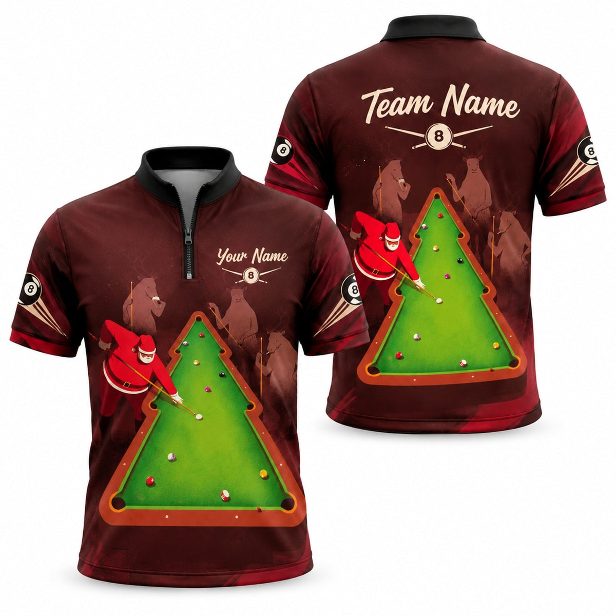 Santa Billiards Christmas Graphic Personalized Billiard Polo Shirt Jersey Zip 1 4 Collar