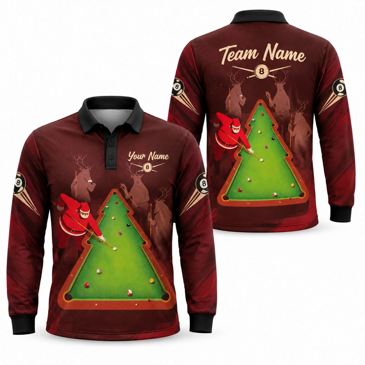 Santa Billiards Christmas Graphic Personalized Billiard Polo Shirt Long Sleeve Polo