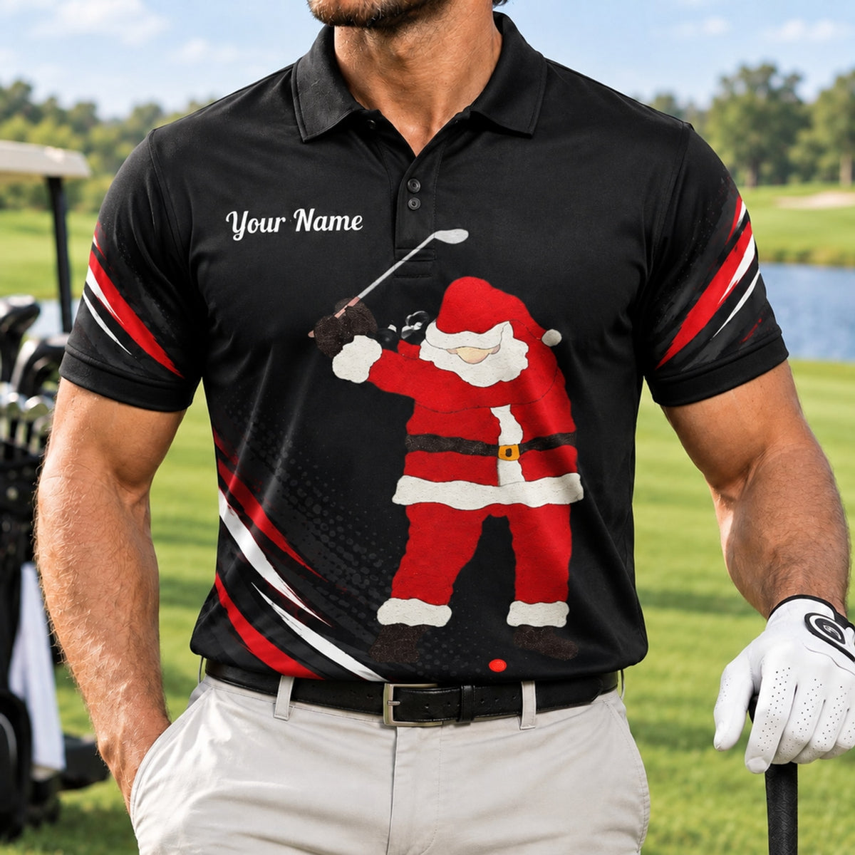 Santa Golfer Graphic Personalized Golf Polo Shirt Front View