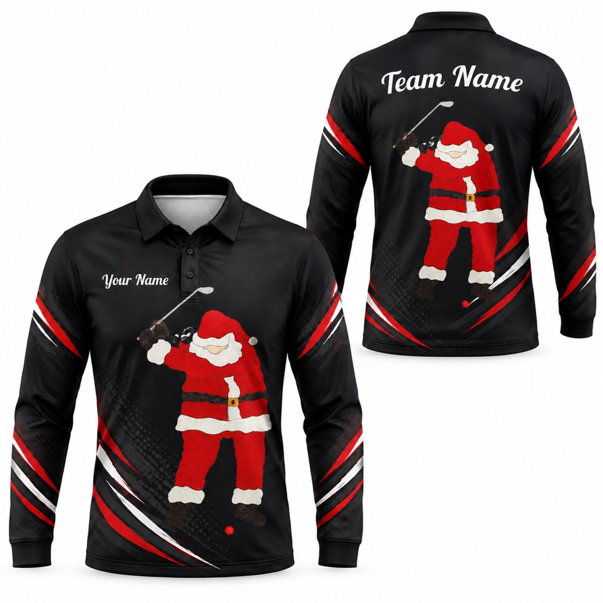 Santa Golfer Graphic Personalized Golf Polo Shirt Long Sleeve Polo