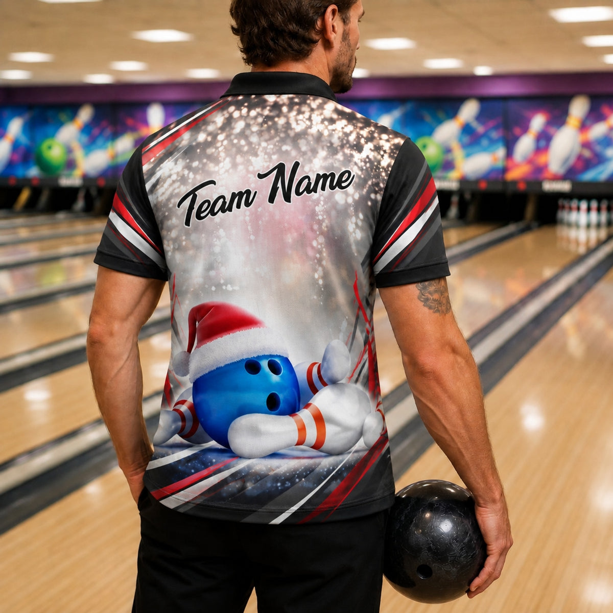 Santa Hat Bowling Ball Modern Custom Bowling Polo Shirt Back View