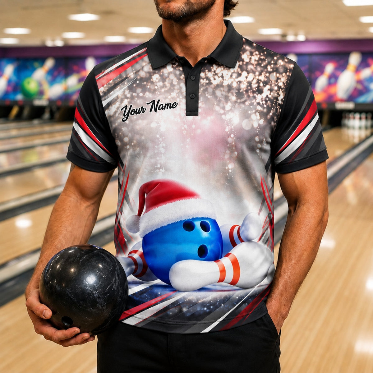 Santa Hat Bowling Ball Modern Custom Bowling Polo Shirt Front View