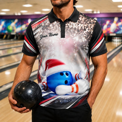 Santa Hat Bowling Ball Modern Custom Bowling Polo Shirt Front View