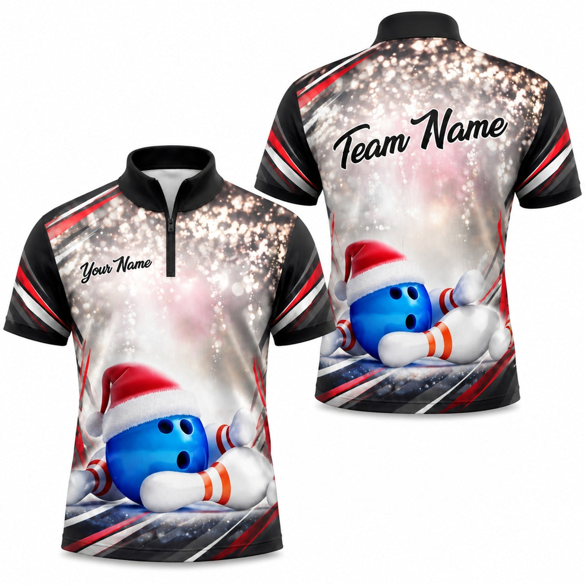 Santa Hat Bowling Ball Modern Custom Bowling Polo Shirt Jersey Zip 1 4 Collar