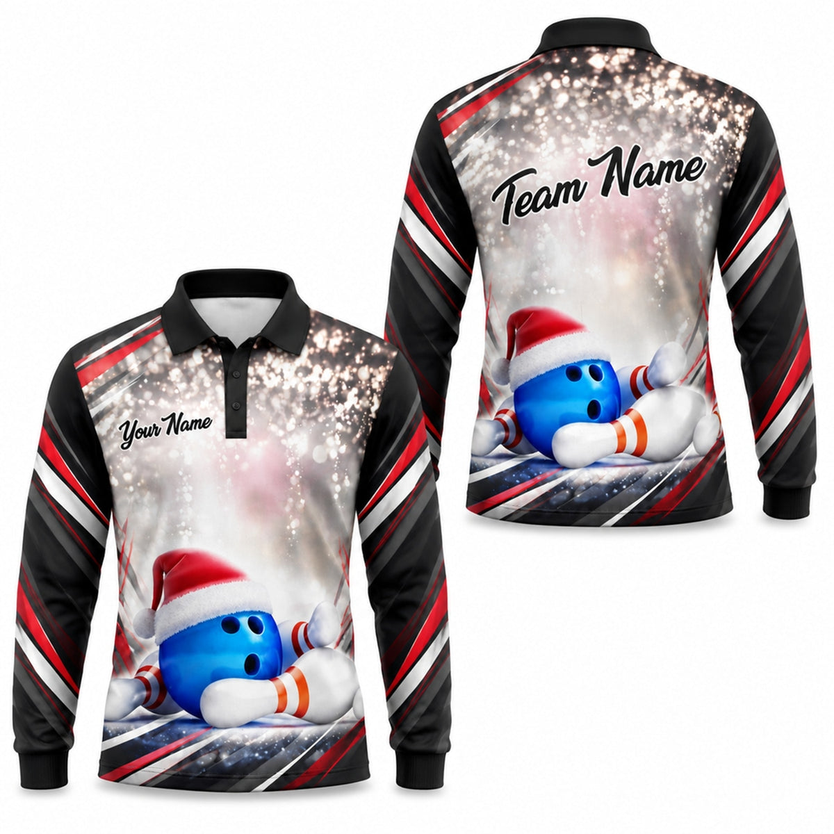 Santa Hat Bowling Ball Modern Custom Bowling Polo Shirt Long Sleeve Polo