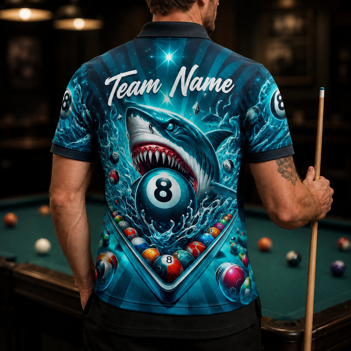 Shark 8 Ball Graphic Personalized Billiard Polo Shirt Back View