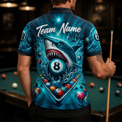 Shark 8 Ball Graphic Personalized Billiard Polo Shirt Back View