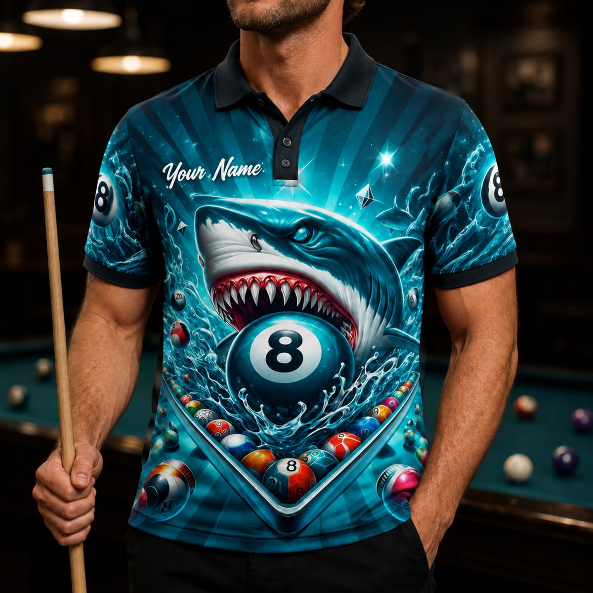 Shark 8 Ball Graphic Personalized Billiard Polo Shirt Front View