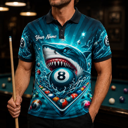 Shark 8 Ball Graphic Personalized Billiard Polo Shirt Front View