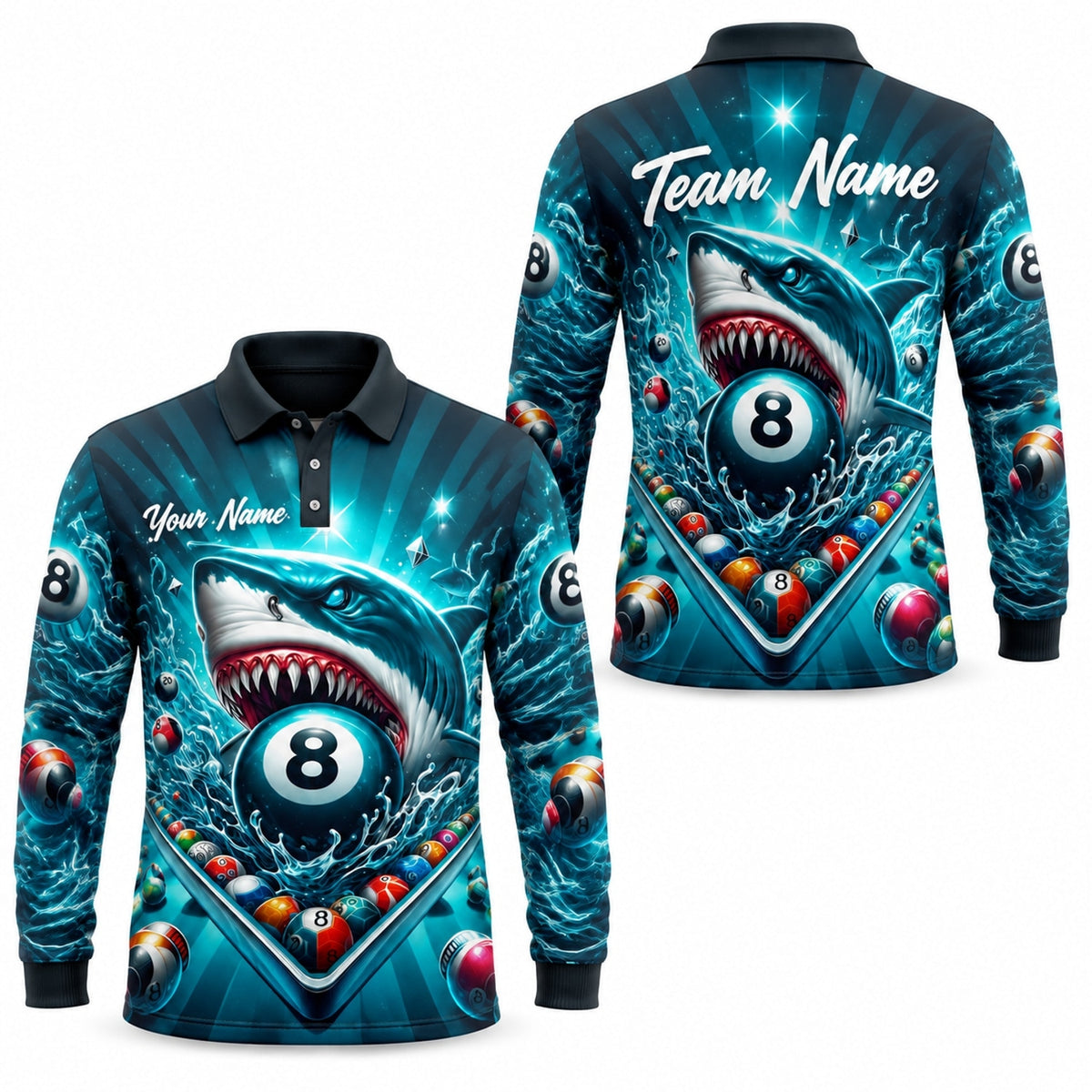 Shark 8 Ball Graphic Personalized Billiard Polo Shirt Long Sleeve Polo