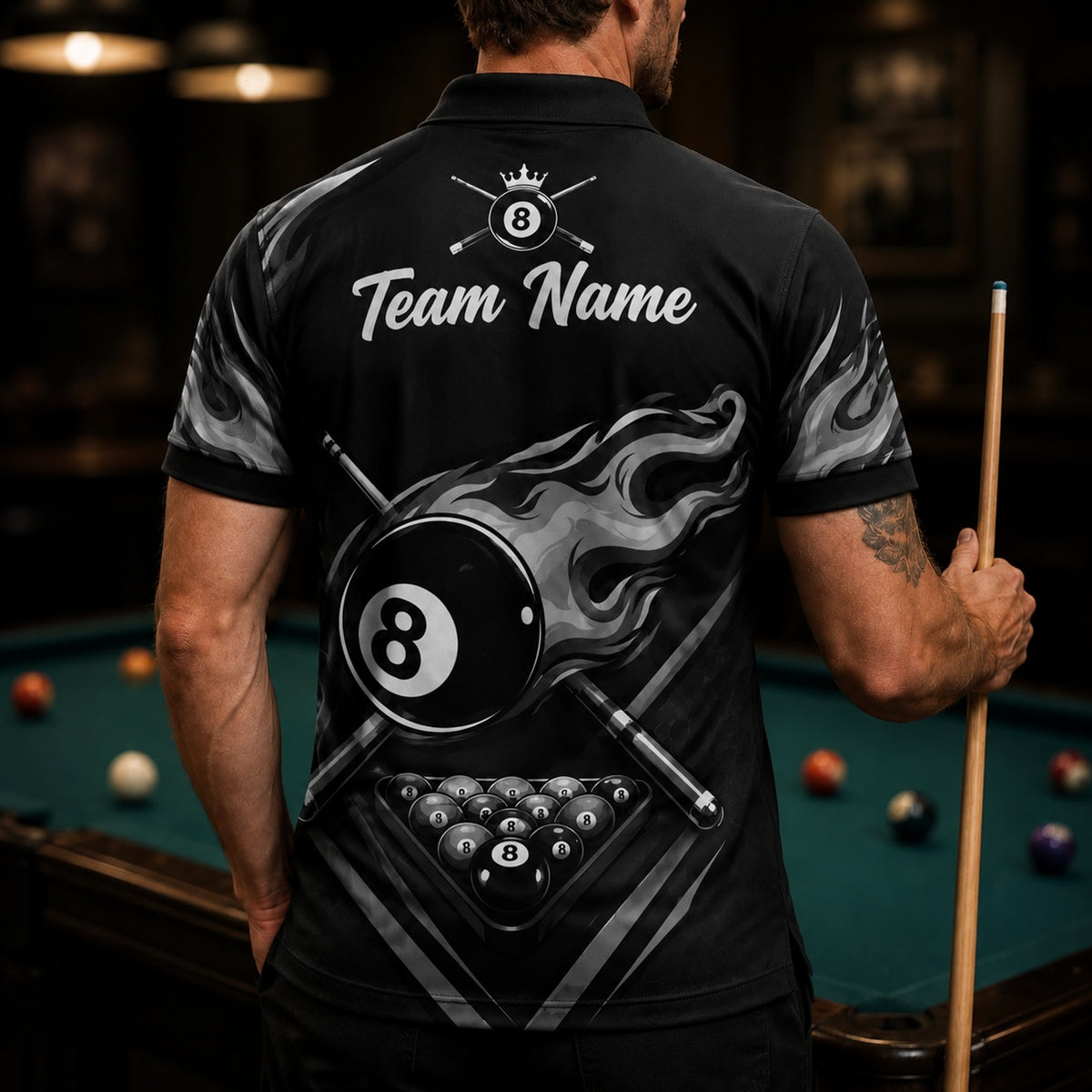 Silver Flaming 8 Ball Graphic Personalized Billiard Polo Shirt Back View