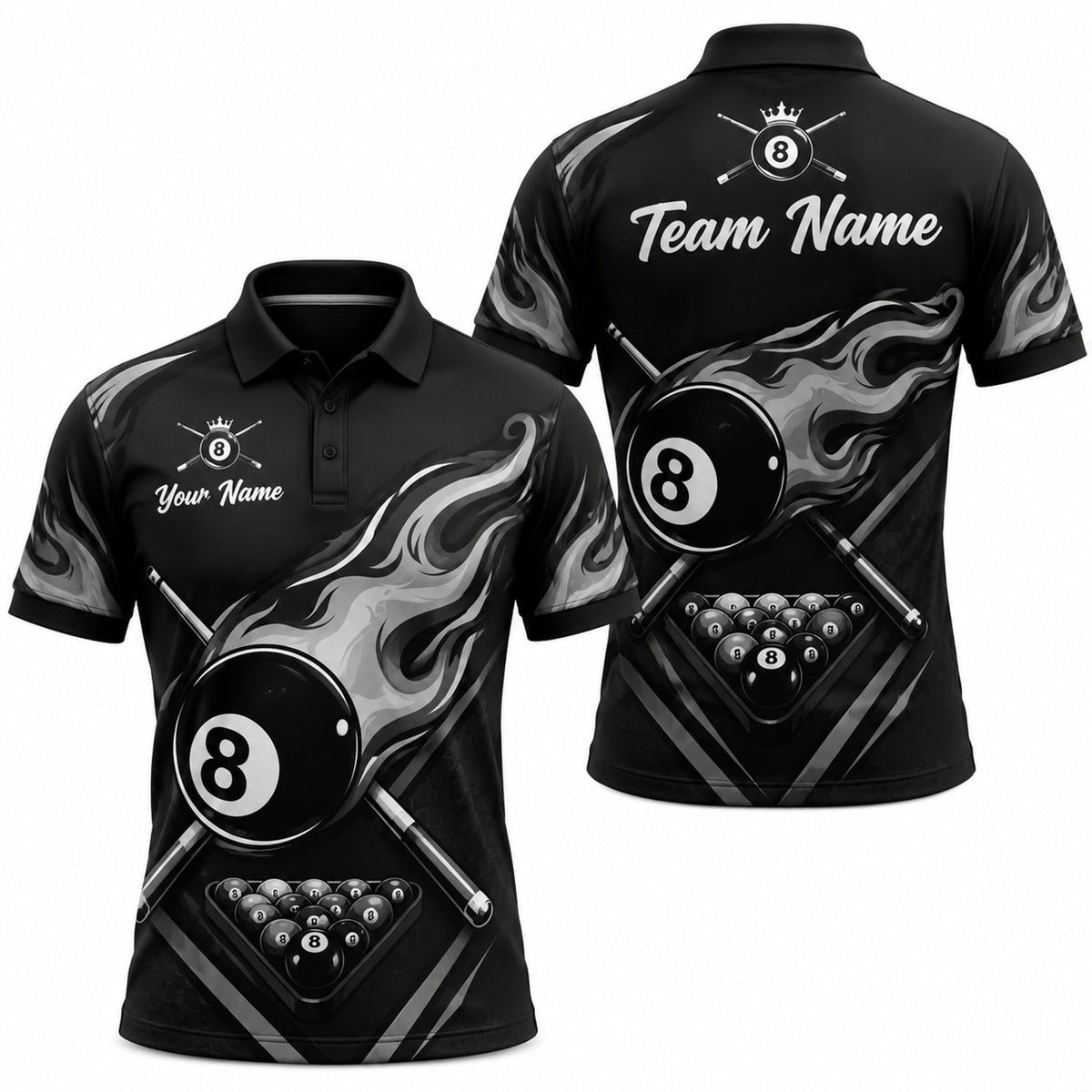Silver Flaming 8 Ball Graphic Personalized Billiard Polo Shirt