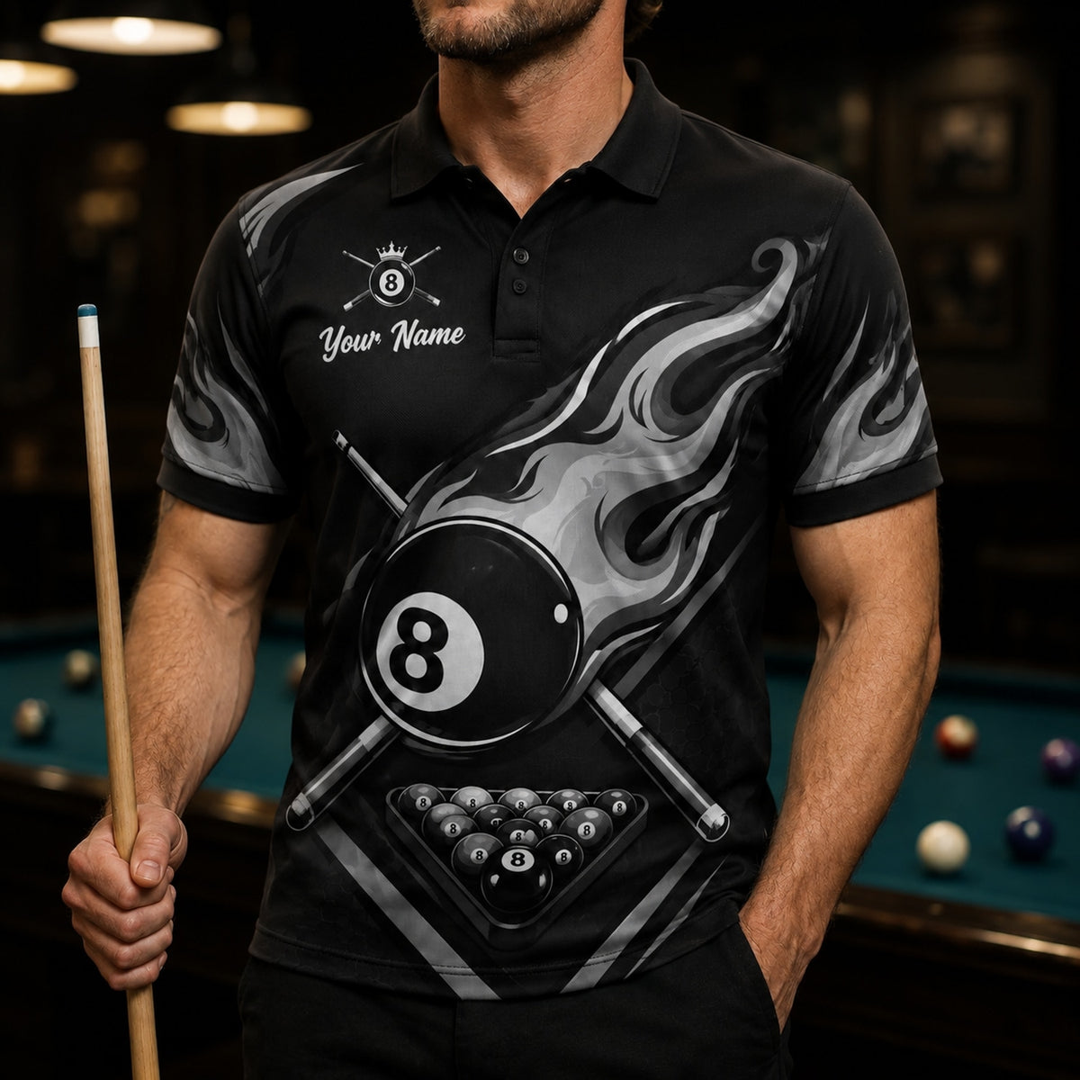 Silver Flaming 8 Ball Graphic Personalized Billiard Polo Shirt Front View