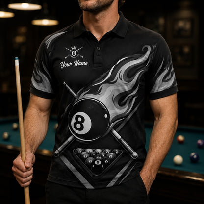 Silver Flaming 8 Ball Graphic Personalized Billiard Polo Shirt Front View