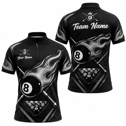 Silver Flaming 8 Ball Graphic Personalized Billiard Polo Shirt Jersey Zip 1 4 Collar