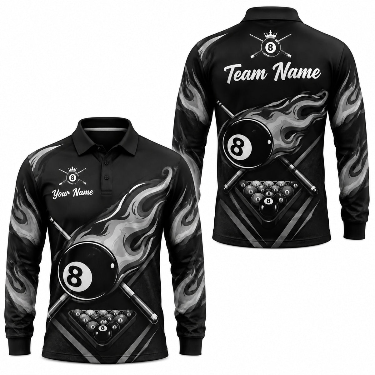 Silver Flaming 8 Ball Graphic Personalized Billiard Polo Shirt Long Sleeve Polo