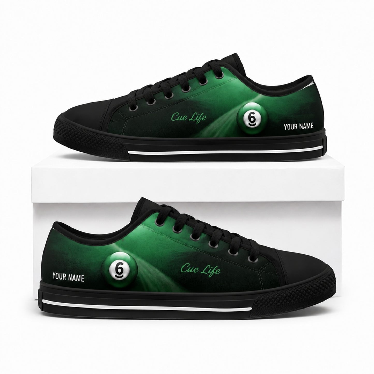 Six Ball Cue Life Graphic Personalized Low Top Shoes Box Black