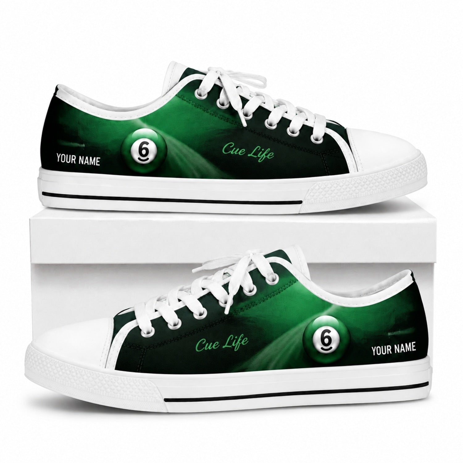 Six Ball Cue Life Graphic Personalized Low Top Shoes Box White