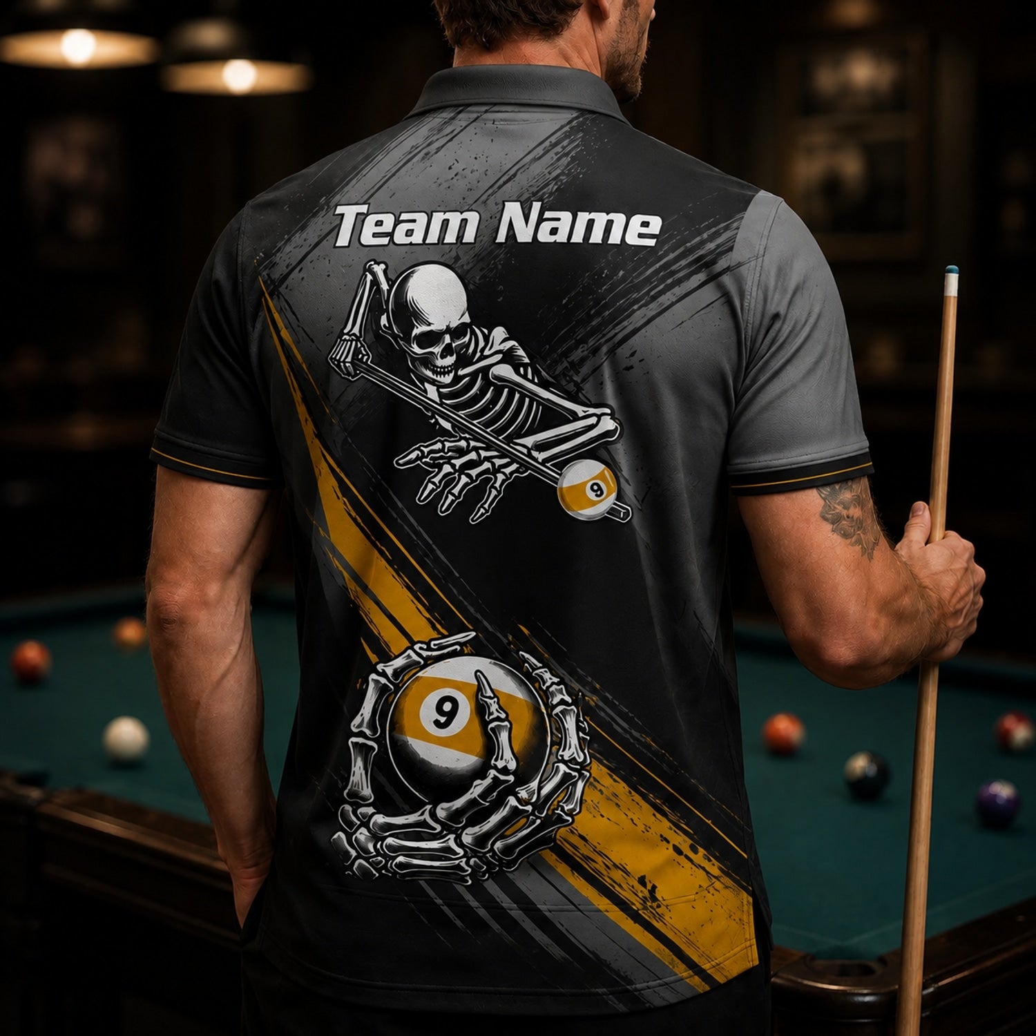 Skeleton 9 Ball Flames Sport Personalized Billiard Polo Shirt Back View