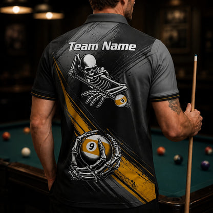 Skeleton 9 Ball Flames Sport Personalized Billiard Polo Shirt Back View