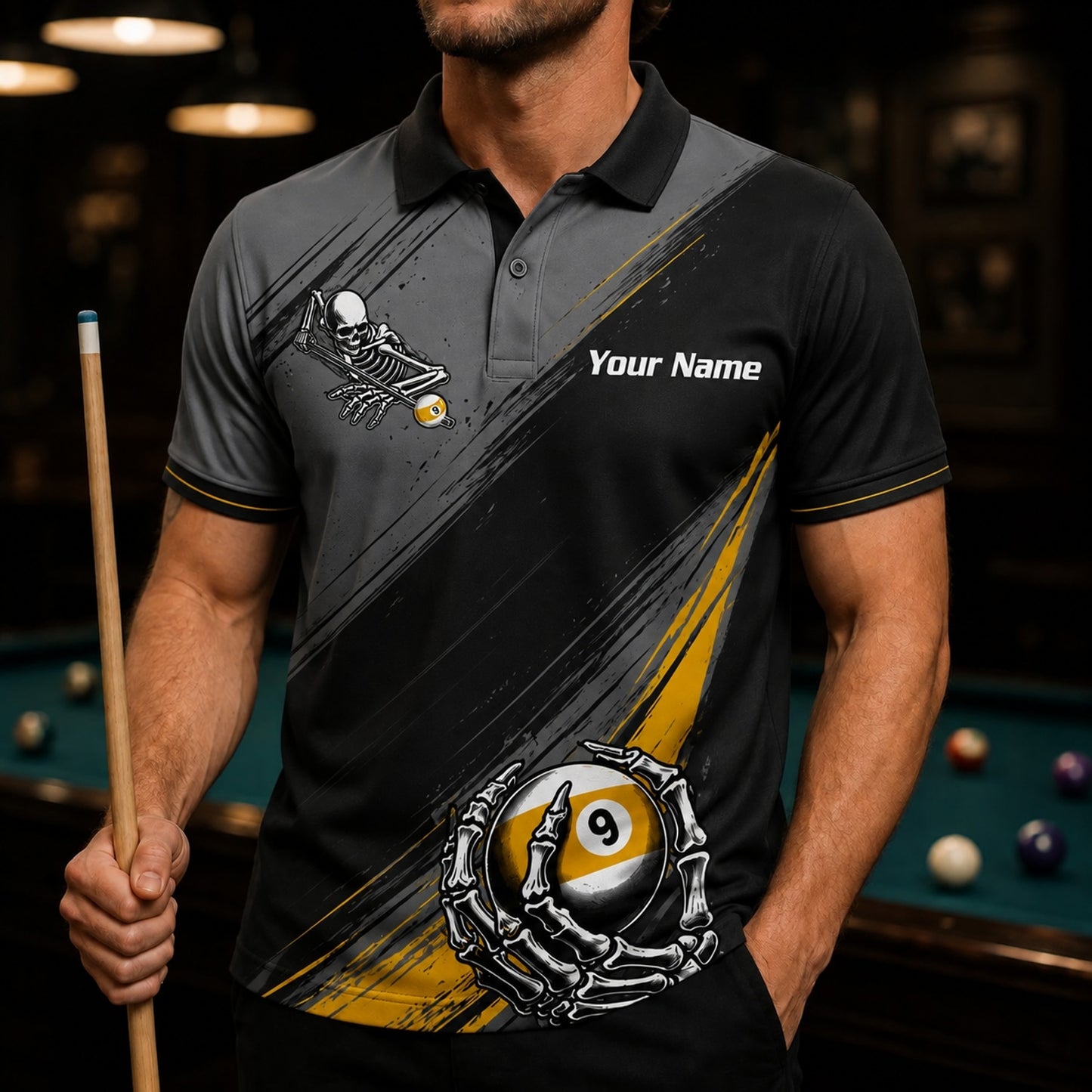 Skeleton 9 Ball Flames Sport Personalized Billiard Polo Shirt Front View