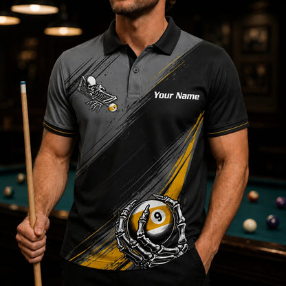 Skeleton 9 Ball Flames Sport Personalized Billiard Polo Shirt Front View