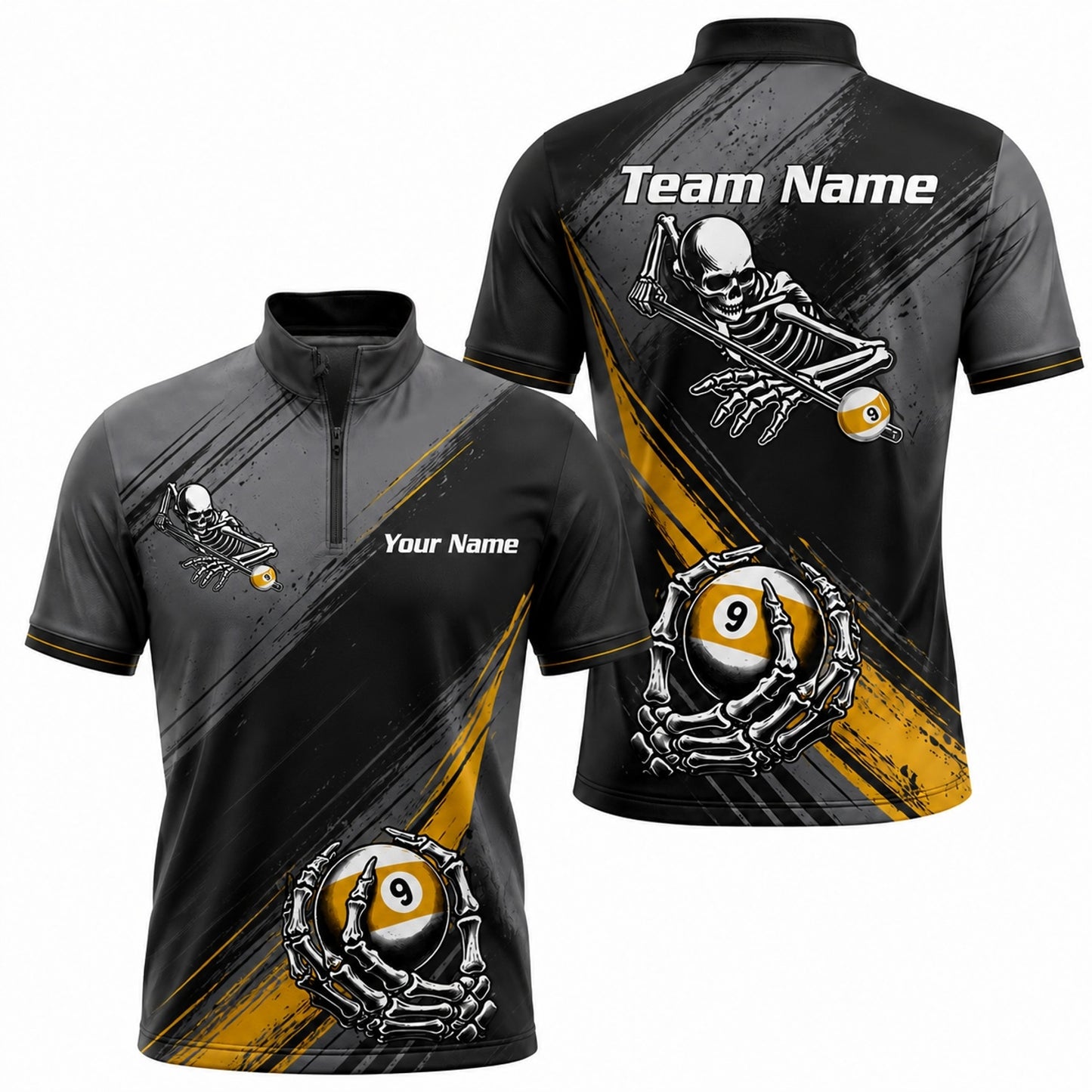 Skeleton 9 Ball Flames Sport Personalized Billiard Polo Shirt Jersey Zip 1 4 Collar