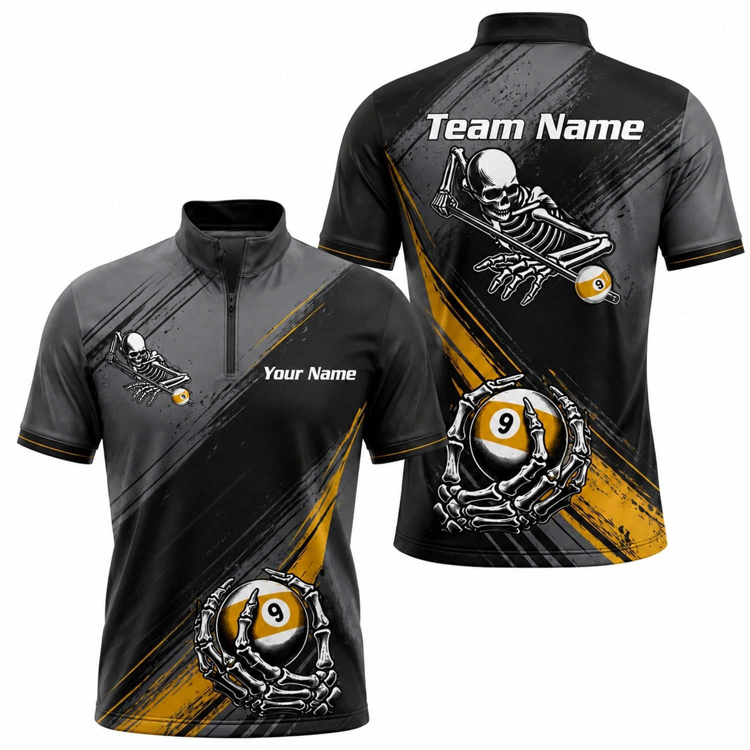 Skeleton 9 Ball Flames Sport Personalized Billiard Polo Shirt Jersey Zip 1 4 Collar