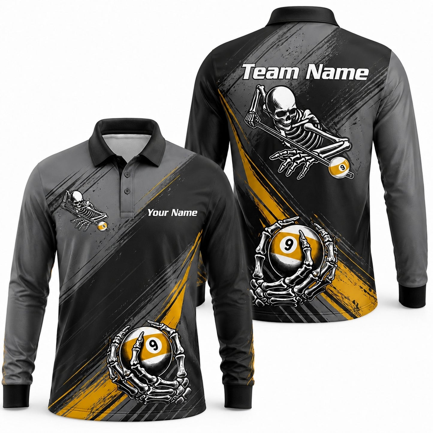 Skeleton 9 Ball Flames Sport Personalized Billiard Polo Shirt Long Sleeve Polo