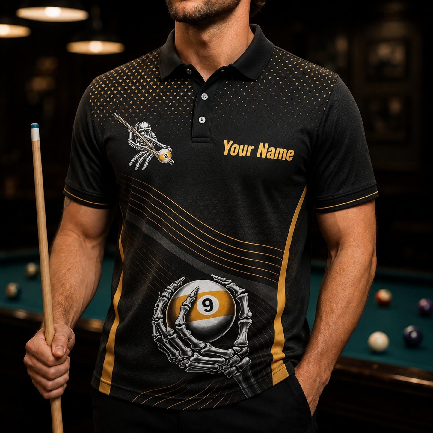 Skeleton 9 Ball Sport Personalized Billiard Polo Shirt Front View