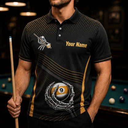 Skeleton 9 Ball Sport Personalized Billiard Polo Shirt Front View